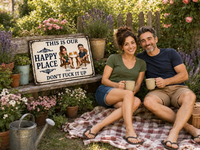 Personalized Happy Place Metal Sign for Couples, Custom Cartoon Photo Sign, Funny Patio & Backyard Decor, Anniversary Housewarming Gift