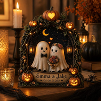 Custom Halloween Ghost Couple Wooden Block, Personalized Names Date Spooky Love Decor, Pumpkin Wedding Anniversary Gift