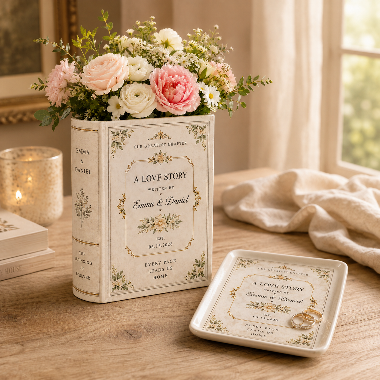 Personalized Ceramic Book Vase, Custom Couple Names and Wedding Date, Love Story Wedding Keepsake