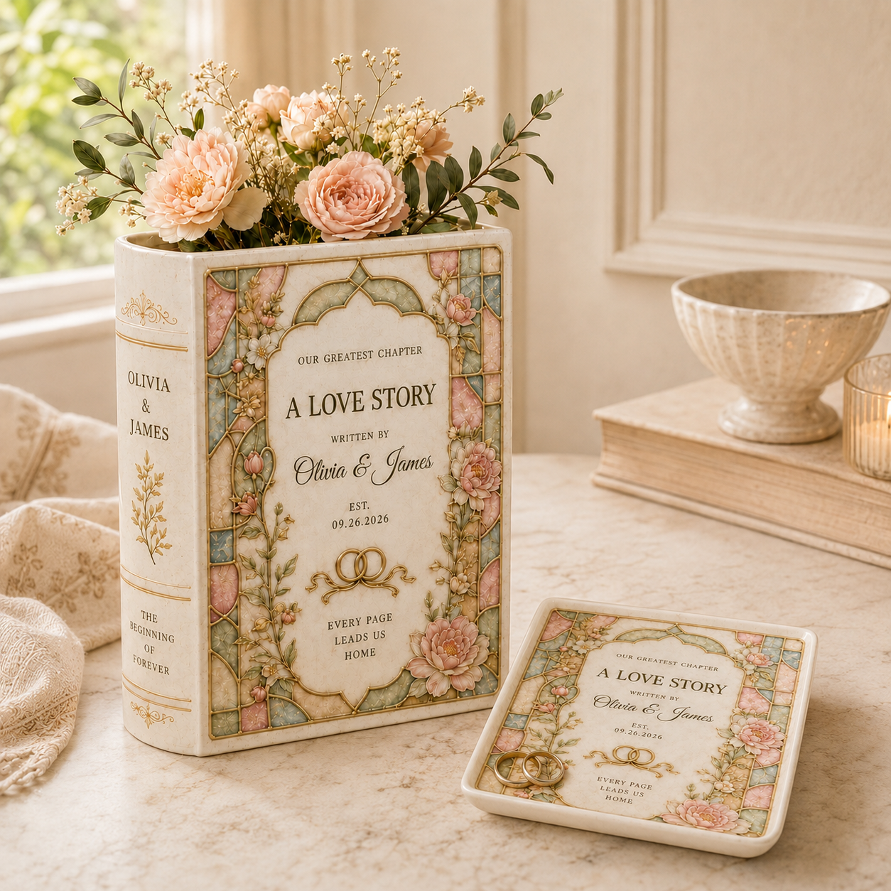 Personalized Ceramic Book Vase, Custom Couple Names and Wedding Date, Love Story Wedding Keepsake