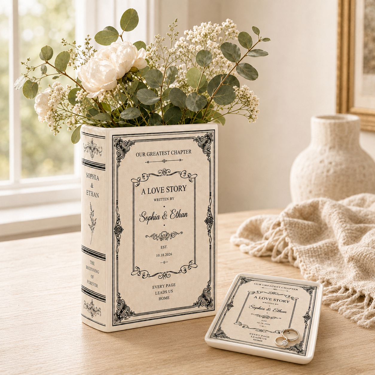 Personalized Ceramic Book Vase, Custom Couple Names and Wedding Date, Love Story Wedding Keepsake