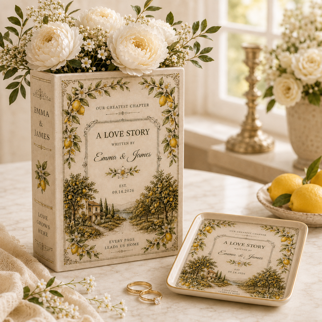 Personalized Lemon Book Vase, Amalfi Coast Wedding Gift, Custom Ceramic Vase for Newlyweds & Engaged Couples