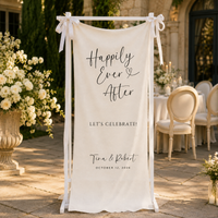 Personalized Linen Wedding Welcome Sign for Wedding Reception, Custom Couple Names & Date Happily Ever After Banner, Wedding Ceremony Decor