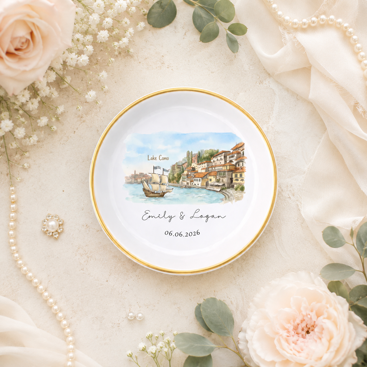 Custom Skyline Ring Dish, Personalized Engagement Trinket Tray for Couples ,Watercolor Landscape Wedding Keepsake