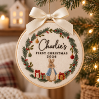 Personalized Bunny Wreath Christmas Ornament, Embroidered Baby First Christmas Name Hoop, Baby 1st Christmas Ornament, Baby Shower Gift