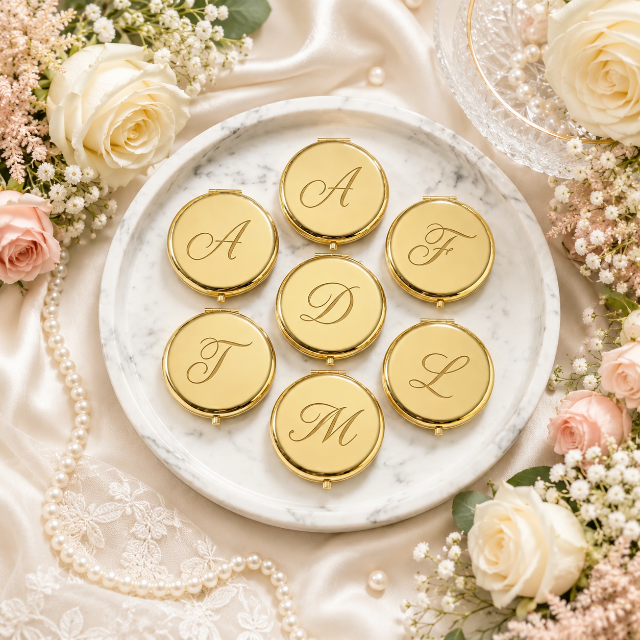 Personalized Gold Compact Mirror for Bridesmaids, Custom Engraved Monogram Pocket Makeup Mirror