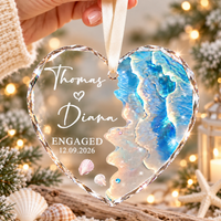 Personalized Beach Engagement Glass Ornament: Newly Engaged Gifts, Coastal Wedding Keepsake, 2026 Married Ornament, First Anniversary Gift