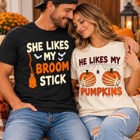 She Likes My Broomstick Shirt He Likes My Pumpkins Shirt Funny Halloween Couples Outfit Spooky Season Matching T-shirts Risqué Adult Humor