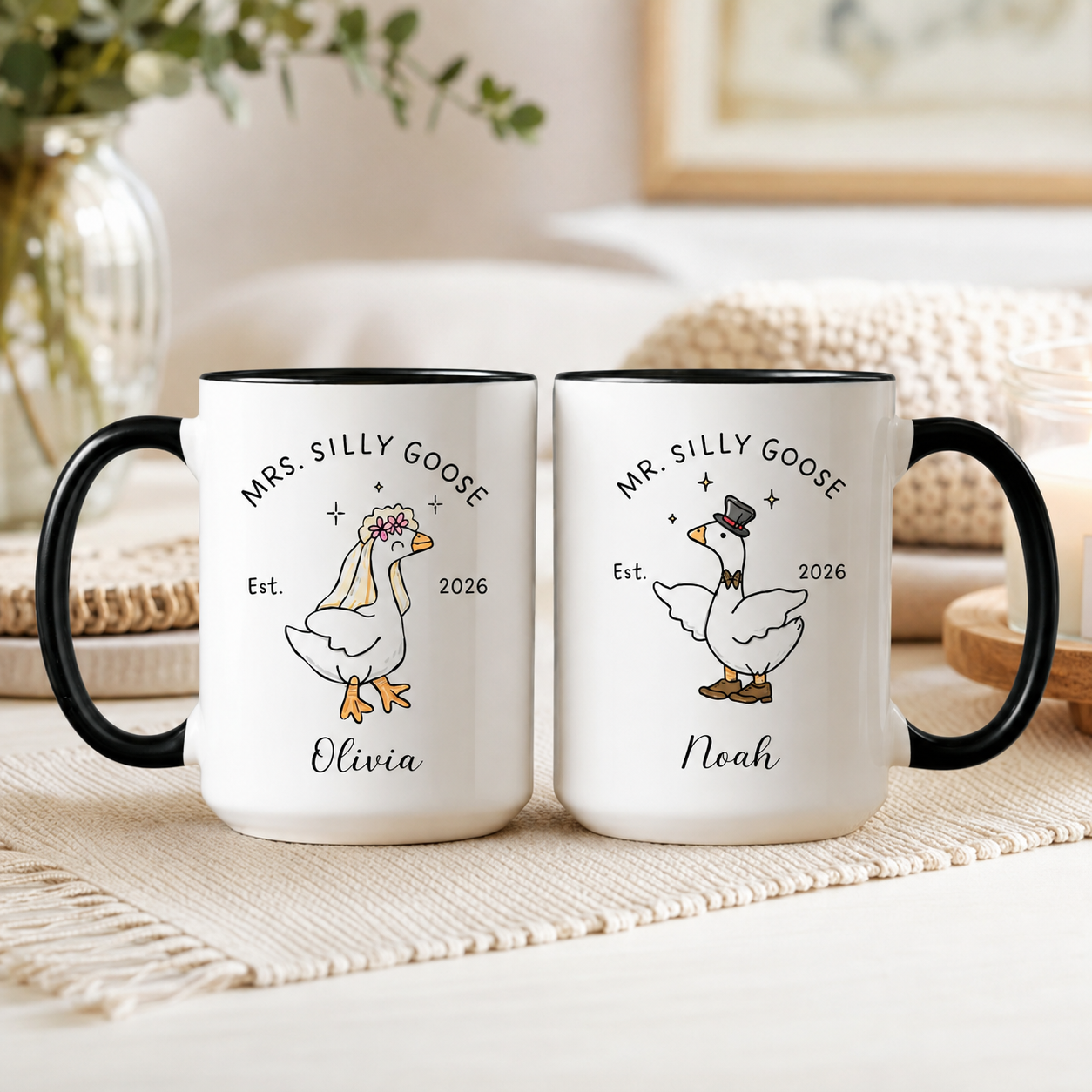 Personalized Mr and Mrs Silly Goose Mugs, Custom Couple Names Wedding Gift, Funny Newlywed Mug Set, Anniversary Gift