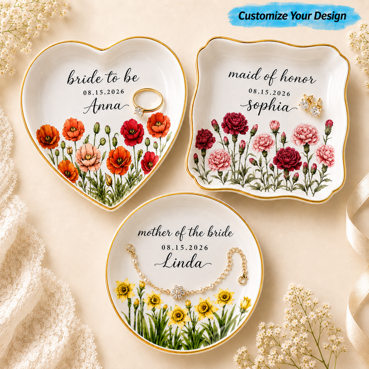 Personalized Birth Flower Wedding Jewelry Dish - Gift for Bride, Mom, Bridesmaid, Bachelorette Trip, Bridal Shower Gift