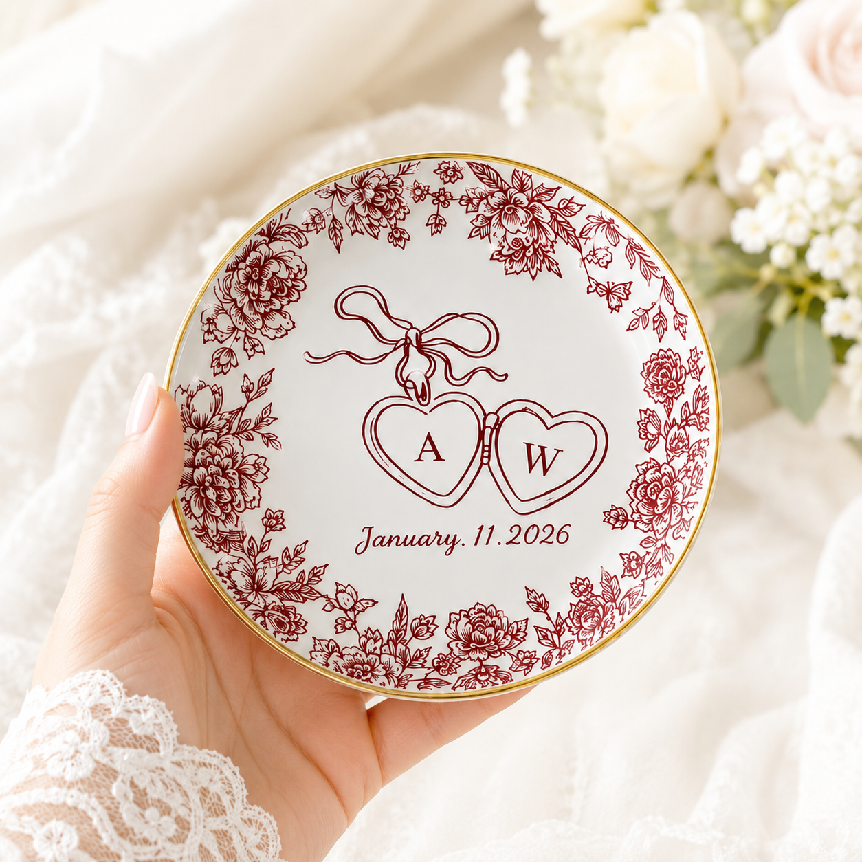 Personalized Toile De Jouy Wedding Jewelry Dish - Gift for Bride, Bridesmaid, Bachelorette Trip, Bridal Shower Gift