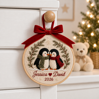 Personalized Couple Christmas Embroidered Ornament, Custom Names Penguin Hoop Decor, Romantic Keepsake 2026, Gift for Couple