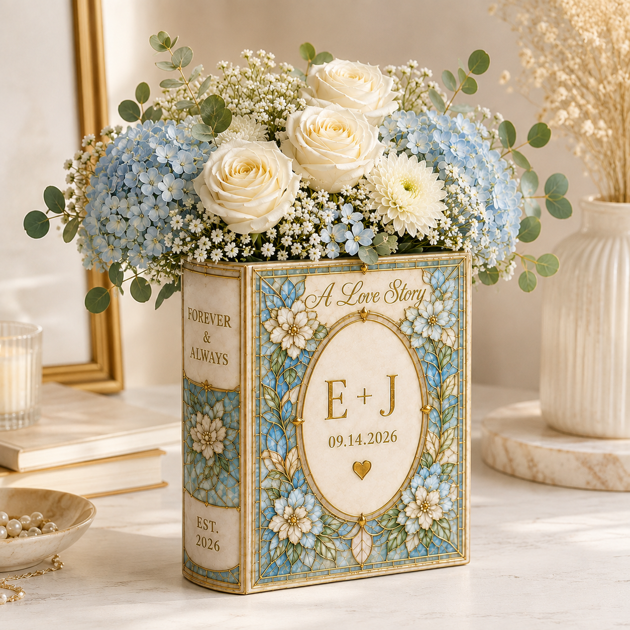Personalized Floral Ceramic Book Vase, Custom Initials and Wedding Date, A Love Story Vase, Engagement, Wedding and  Anniversary Gift