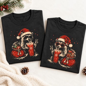 Santa Raccoon Iced Coffee Comfort Colors Shirts – Christmas Couple Gift