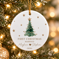 Personalized First Christmas Married Ornament, Custom Couple Names and Wedding Date, Round or Heart Ornament, Newlywed Gift