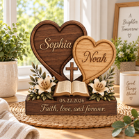 Personalized Christian Couple Wooden Block, Custom Faith Couple Gift, Interlocking Heart Bible Cross Tabletop Decor, Wedding Gift for Couple