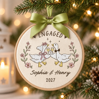 Personalized Embroidered Wedding Goose Ornament, Custom Names Year, First Christmas Hoop, Funny Engagement Gift,Silly Geese Engaged Keepsake