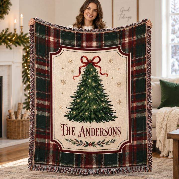 Personalized Christmas Woven Blanket, Family Name Plaid Holiday Throw, Christmas Tree Cozy Winter Home Decor Gift