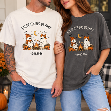 Personalized Till Death Boo Us Part Ghost Couple Shirts, Custom Wedding Date Halloween Tees, Spooky Newlywed Couple Shirt, Wedding Gift