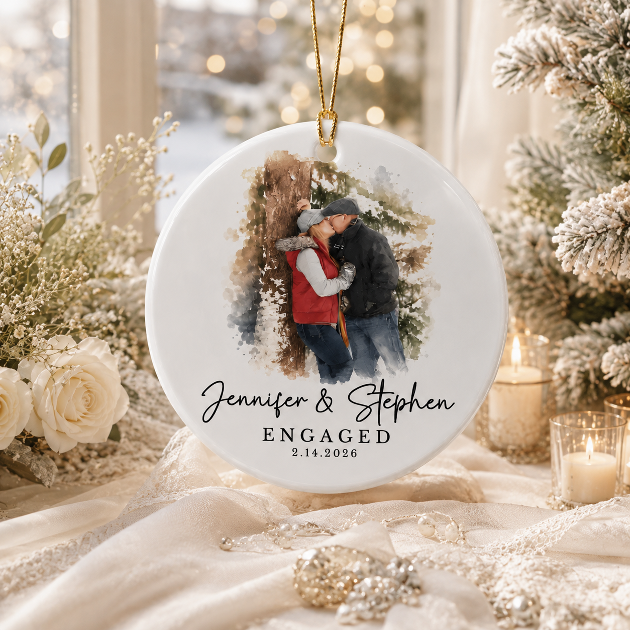 Personalized Engagement Ornament from Photo, Custom Watercolor Couple Portrait, Names & Date Keepsake Gift for Engaged Couples