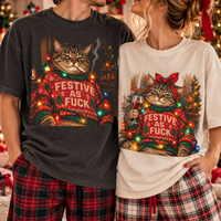 Funny Christmas Cat Festive As Fxck Comfort Colors Shirts - Sarcastic Couple Holiday Gift