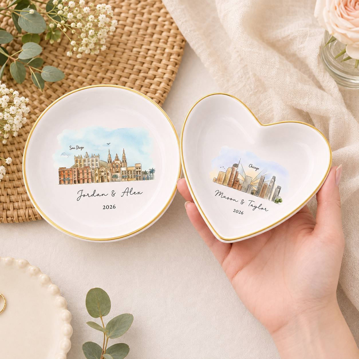 Custom Skyline Ring Dish, Personalized Engagement Trinket Tray for Couples ,Watercolor Landscape Wedding Keepsake
