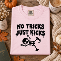 No Tricks Just Kicks Skeleton Shirt – Halloween Pregnancy Announcement