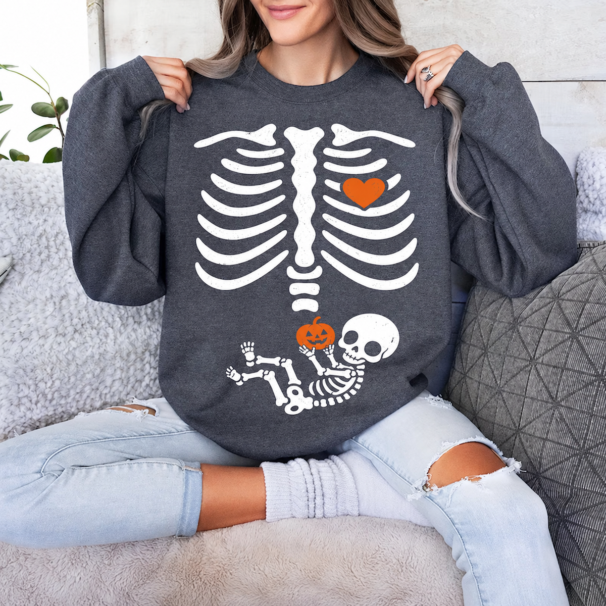 Halloween Skeleton Pregnancy Sweatshirt & Hoodie, Matching Couple Baby Announcement mockup 8