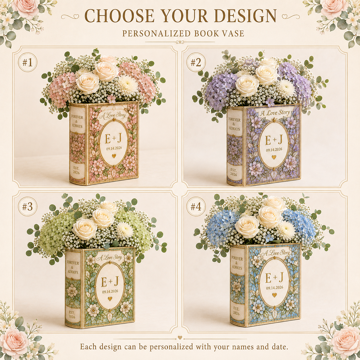 Personalized Floral Ceramic Book Vase, Custom Initials and Wedding Date, A Love Story Vase, Engagement, Wedding and  Anniversary Gift