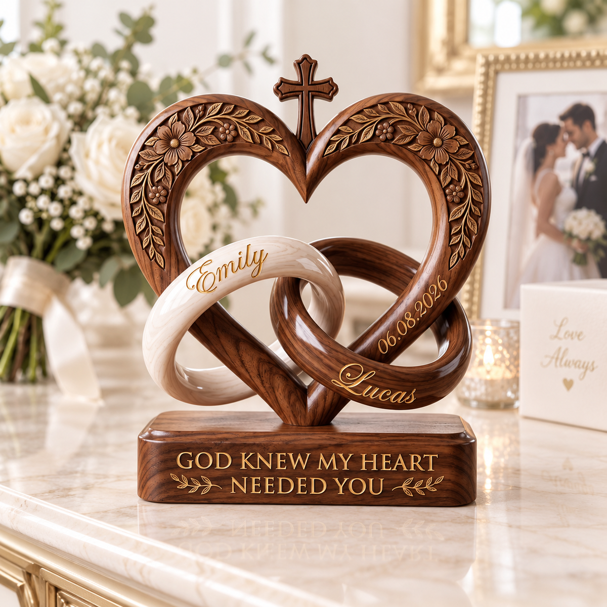 Personalized Christian Heart Cross Wooden Block – Wedding Rings Keepsake