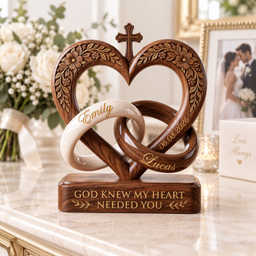Personalized Christian Heart Cross Wooden Block, Custom Names & Wedding Date, Interlocking Rings Wedding Keepsake, Anniversary Gift for Couple
