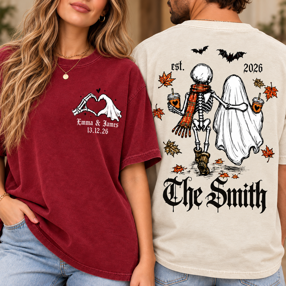 Personalized Skeleton Bride & Groom Gothic Wedding Comfort Colors Tee mockup 4
