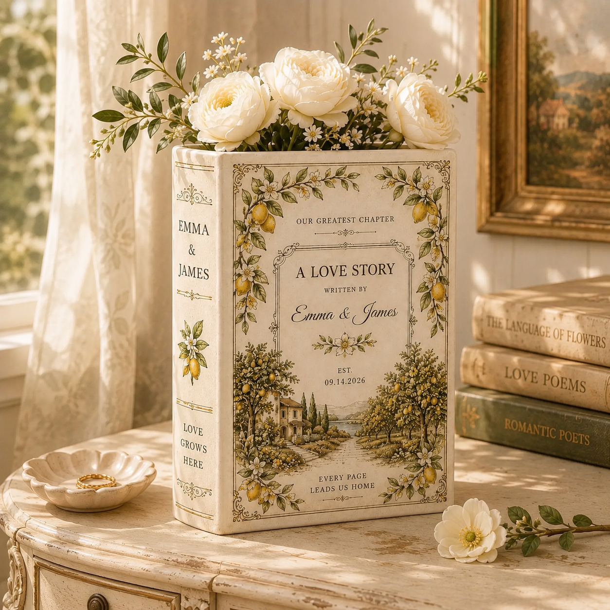 Personalized Lemon Book Vase, Amalfi Coast Wedding Gift, Custom Ceramic Vase for Newlyweds & Engaged Couples