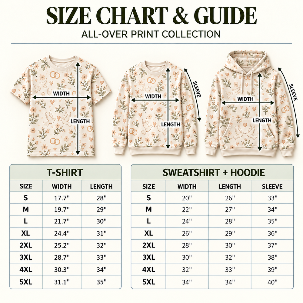 All-Over Print Tees size chart