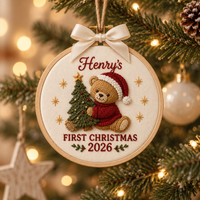 Personalized Baby’s First Christmas Ornament, Custom Name & Year Woodland Embroidery Keepsake, Baby’s 1st Xmas Gift