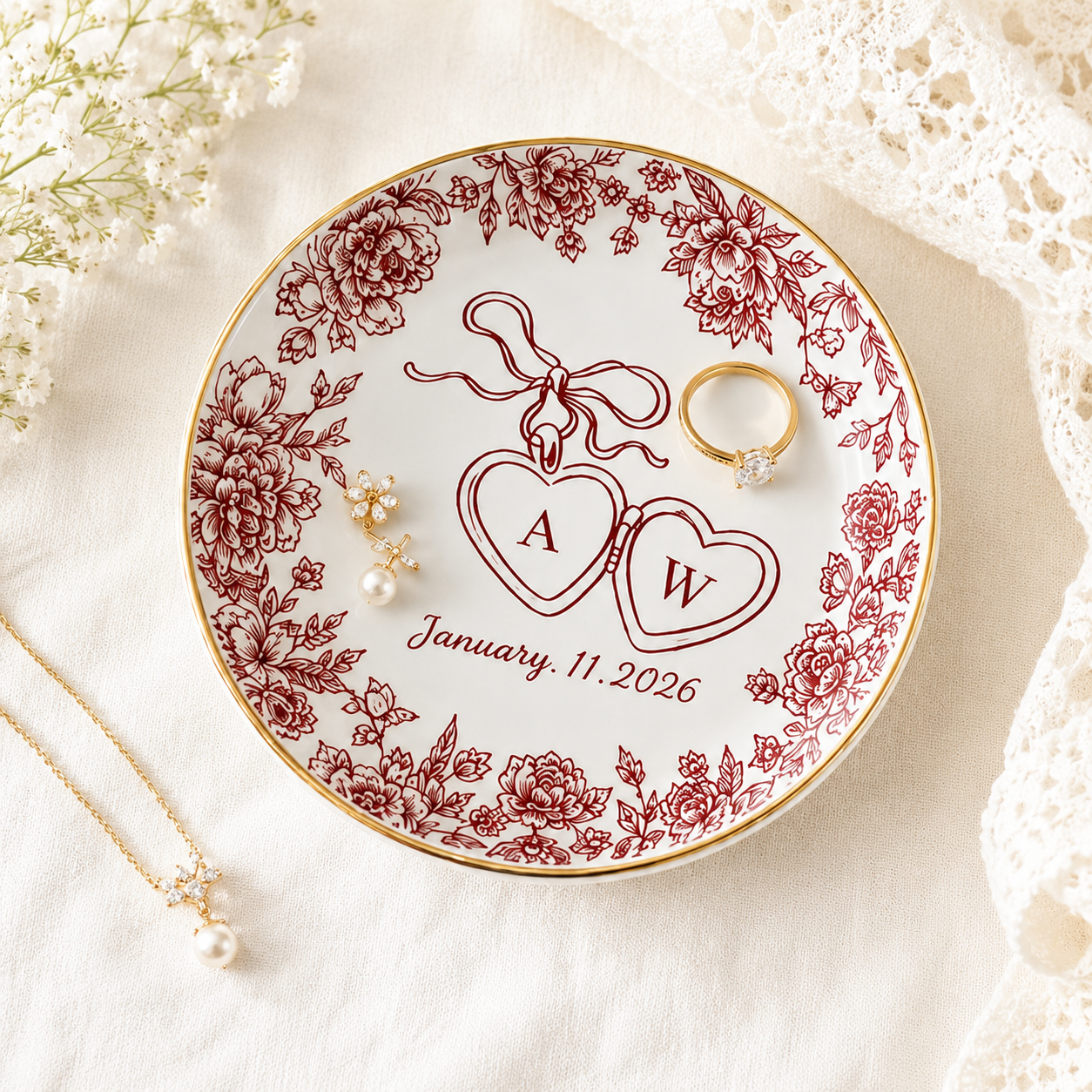 Personalized Toile De Jouy Wedding Jewelry Dish - Gift for Bride, Bridesmaid, Bachelorette Trip, Bridal Shower Gift