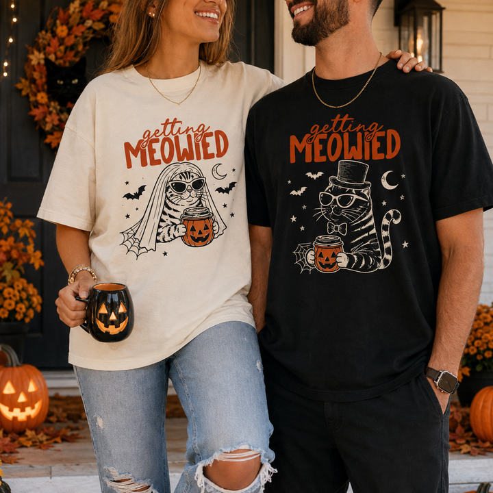 Matching Getting Meowied Couple Shirts for Halloween Wedding, Bride Groom Cat T-Shirts, Funny Newlywed Wedding Gift