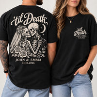 Personalized Til Death Couple Shirts, Custom Skeleton Wedding Tees, Names & Date Gothic Bride Groom Shirts