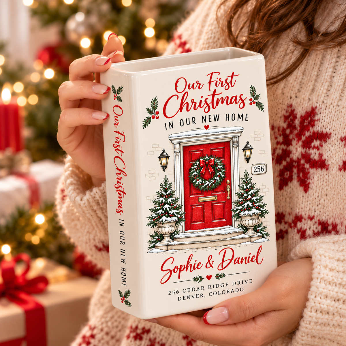Personalized First Christmas New Home book vase presented as a housewarming gift