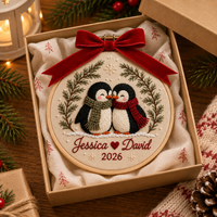 Personalized Couple Christmas Embroidered Ornament, Custom Names Penguin Hoop Decor, Romantic Keepsake 2026, Gift for Couple
