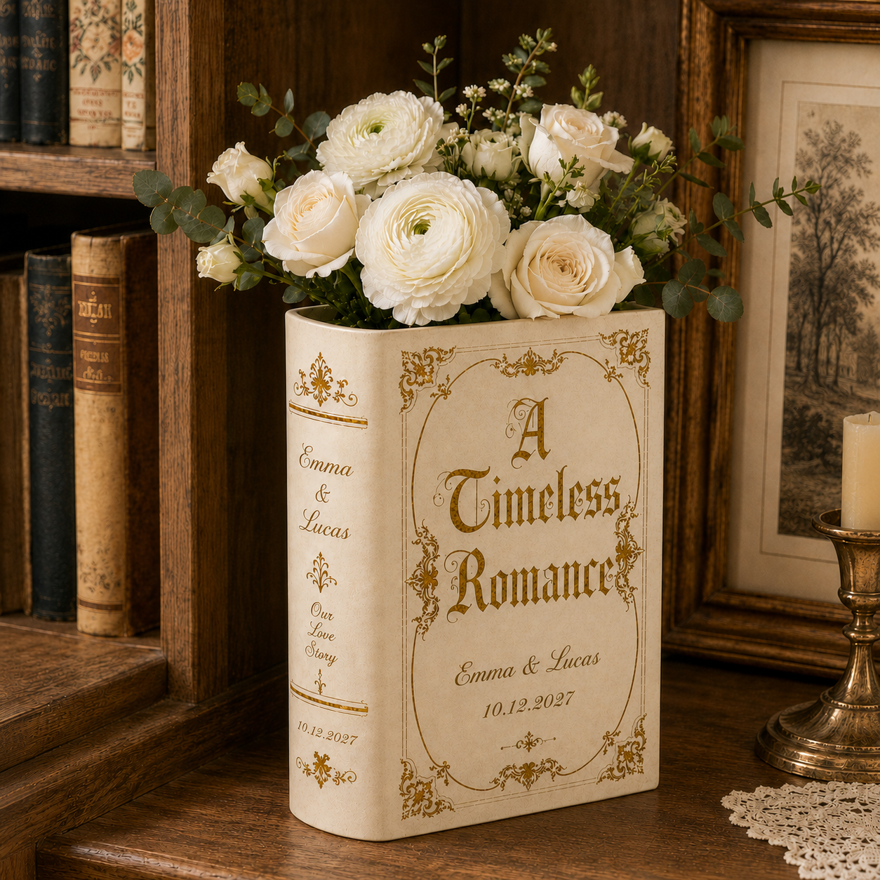 Personalized Vintage Wedding Book Vase & Jewelry Dish Set, Custom Couple Names & Wedding Date Flower Vase, Romantic Centerpiece,  Couple Keepsake