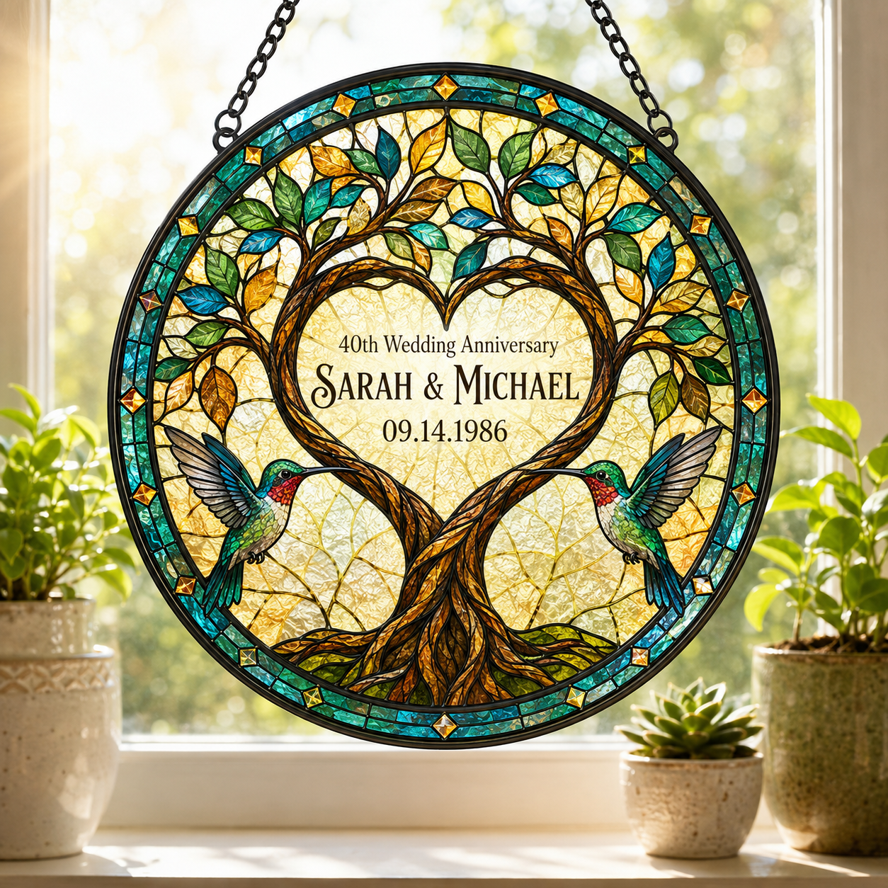 Personalized Wedding Anniversary Tree of Life Hummingbird Stained Glass Suncatcher, Custom Couple Names Date