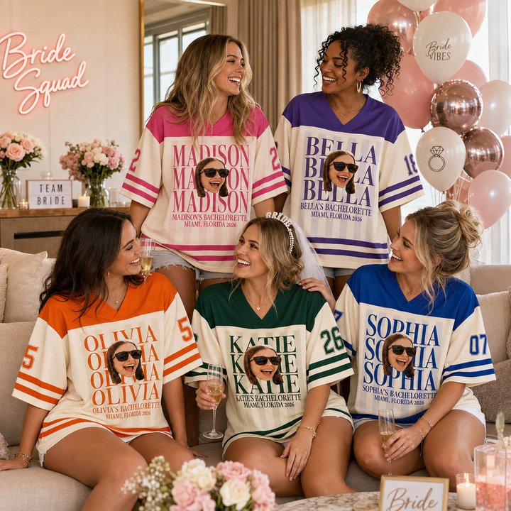 Personalized Photo Bachelorette Football Jersey, Custom Name & Number,  Bride Squad Jersey,  Bridal Party Gift