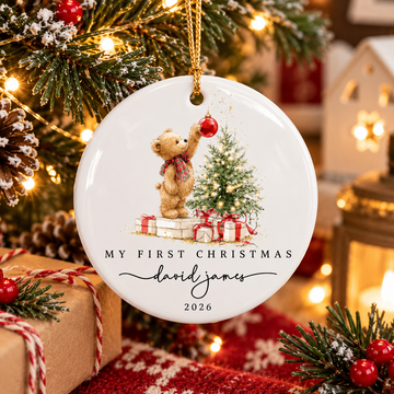 Personalized Teddy Bear Ceramic Ornament – Baby Boy's First Christmas