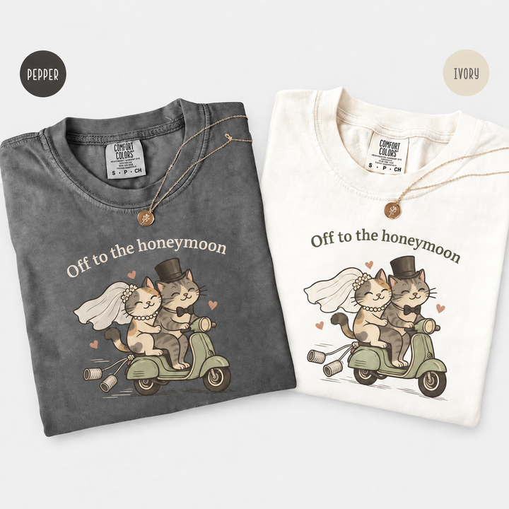 Just Married Cat Honeymoon Shirts – Matching Bride & Groom Tees