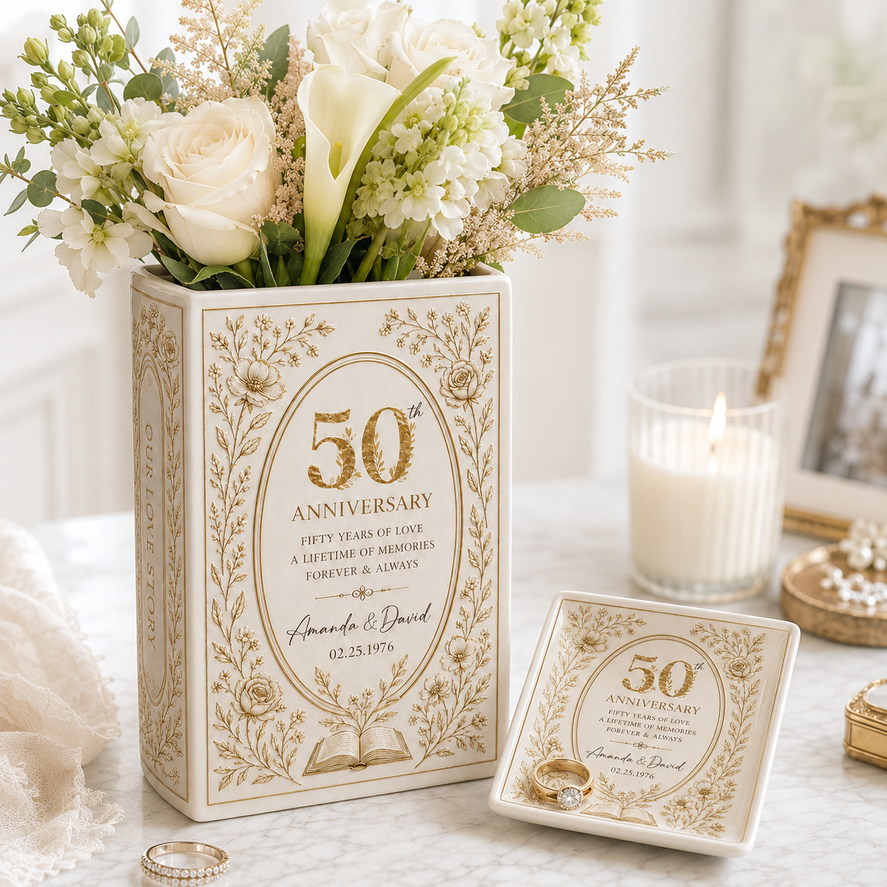 Personalized Milestone Anniversary Book Vase & Jewelry Dish Set, Custom Anniversary Year Couple Gift, Romantic Wedding Keepsake