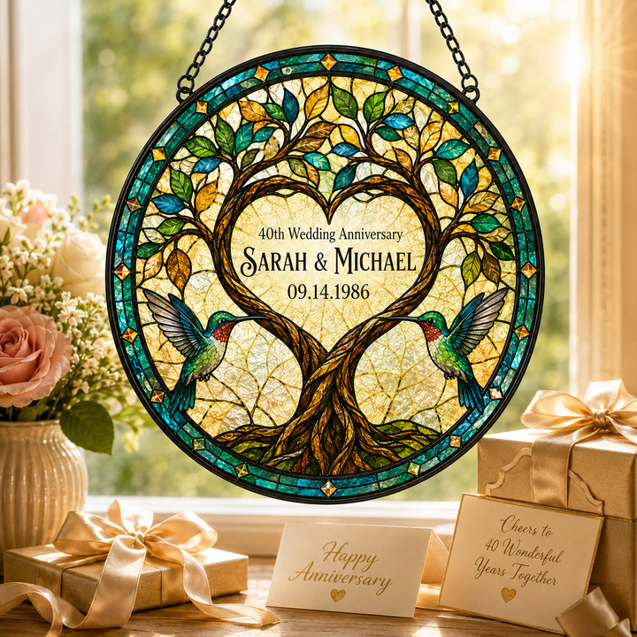 Personalized Wedding Anniversary Tree of Life Hummingbird Stained Glass Suncatcher, Custom Couple Names Date