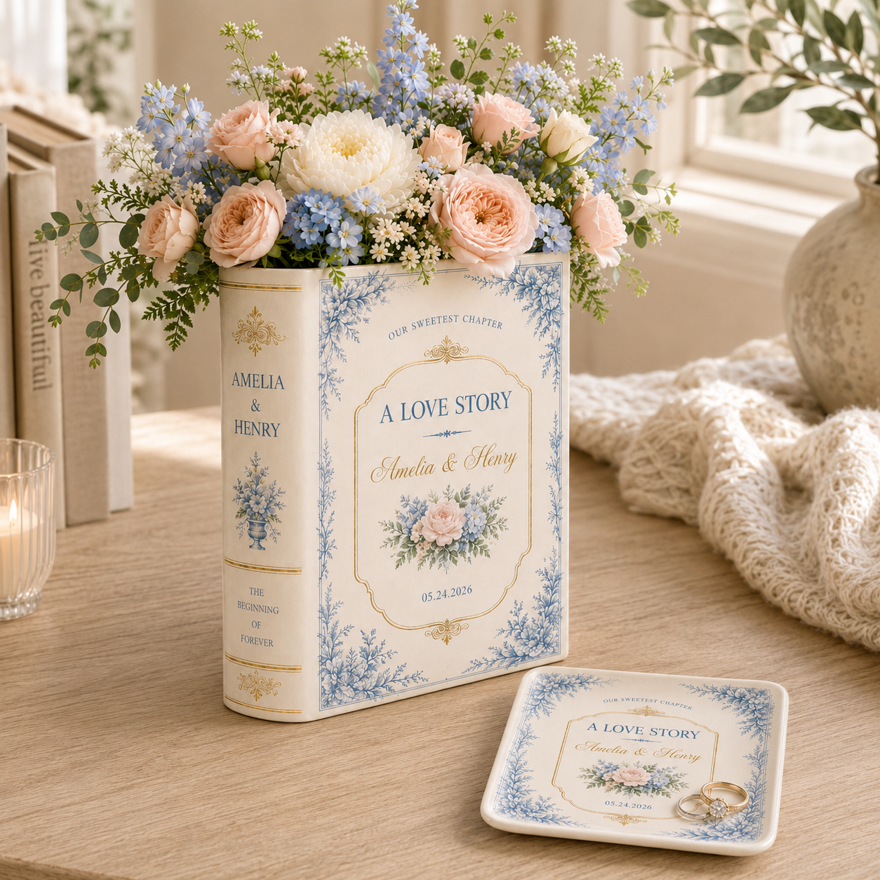 Personalized Ceramic Book Vase & Jewelry Dish Set , Custom Wedding Love Story Flower Vase With Names and Wedding Date