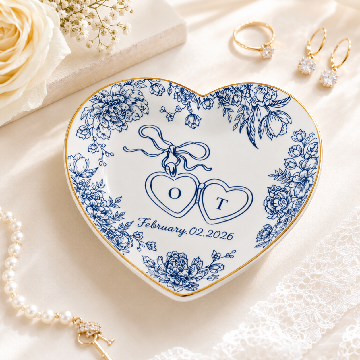 Personalized Toile De Jouy Wedding Jewelry Dish - Gift for Bride, Bridesmaid, Bachelorette Trip, Bridal Shower Gift