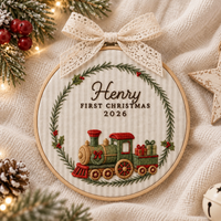 Personalized Train Wreath Ornament, Embroidered Train Baby First Christmas Name Hoop, Baby 1st Christmas Ornament, Baby Shower Gift